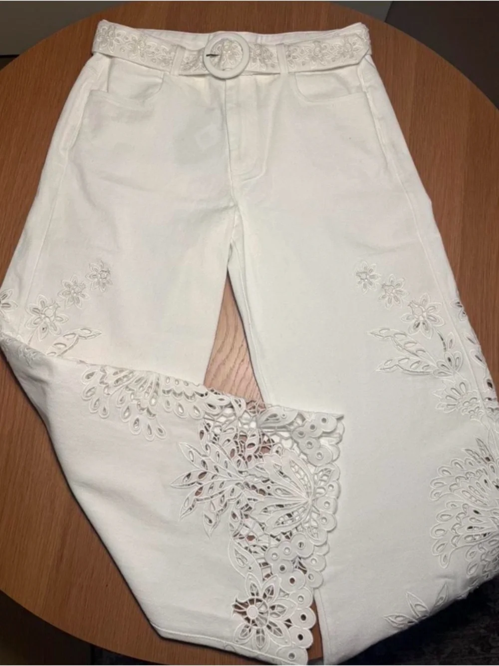 FARM Rio Cream Wide-Leg Laser-Cut Flare Jeans - Picture 2 of 8